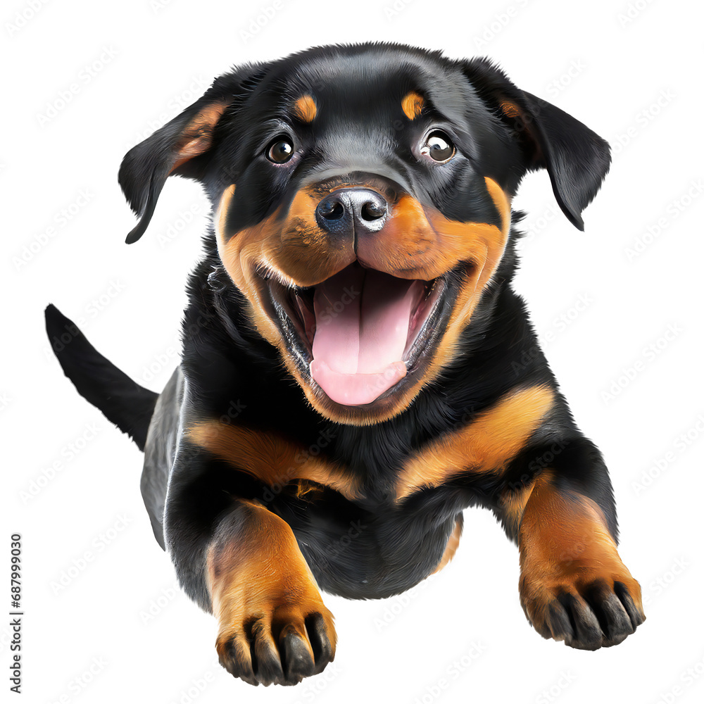 Cute rottweiler puppy jumping. Playful dog cut out at background.