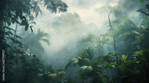 Beautiful jungle background with border made of tropical leaves.