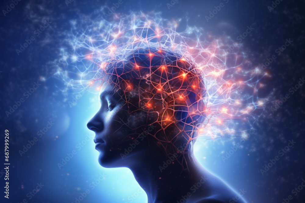 Human head with glowing neurons in brain esoteric and meditation concept connection with other Human head with glowing neurons in brain esoteric and meditation concept connection with other