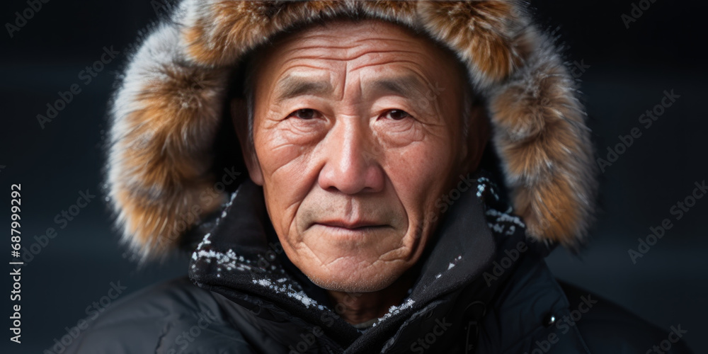 Asian senior man in winter attire, with beanie and jacket. Asian senior man in winter attire, with beanie and jacket.