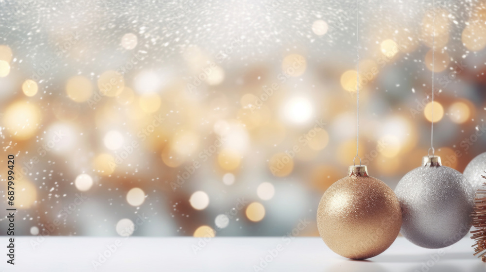 Christmas background with golden and silver baubles and bokeh lights Christmas background with golden and silver baubles and bokeh lights
