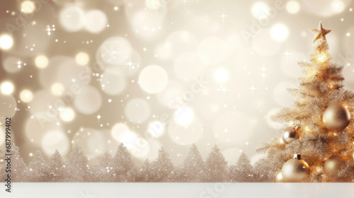 Golden Christmas light background with snowflakes and Christmas tree