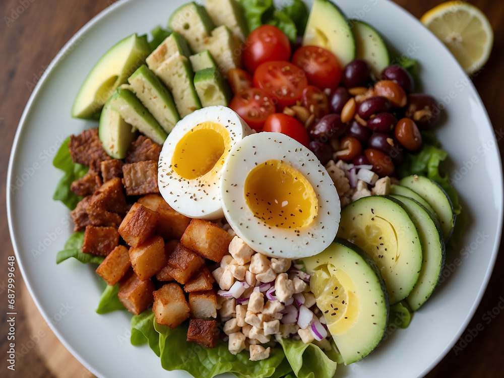 Healthy cobb salad with chicken, avocado, bacon, tomato, cheese and eggs. American food. Healthy cobb salad with chicken, avocado, bacon, tomato, cheese and eggs. American food.