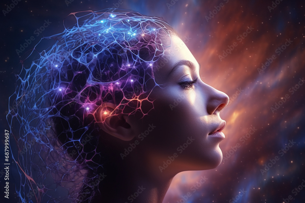 Human head with glowing neurons in brain esoteric and meditation ...