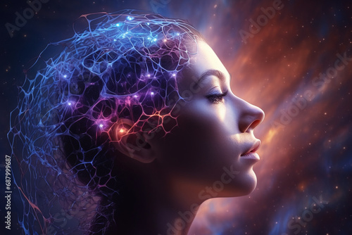 Human head with glowing neurons in brain esoteric and meditation concept connection with other