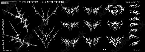Futuristic Neo Tribal Tattoos: A Modern Take on Ancient Symbols in Striking Black and White. Succubus Y2K womb tattoo. Demon heart sigil and butterfly with in neo tribal style. Vector illustration photo