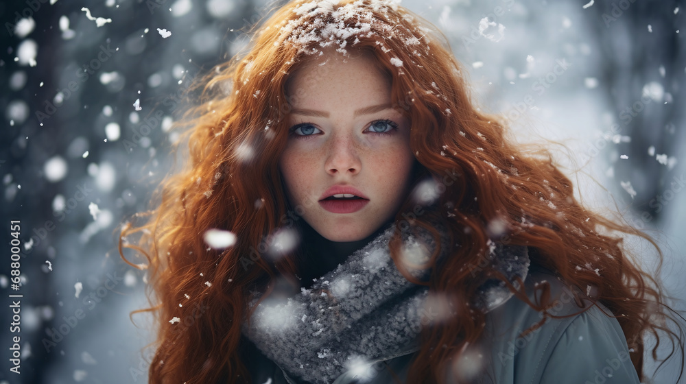 Red-haired beauty in a snowstorm, her gaze as piercing as the winter chill Red-haired beauty in a snowstorm, her gaze as piercing as the winter chill