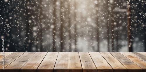 Empty old wooden table on the snowy forest background bokeh Made with generative AI 