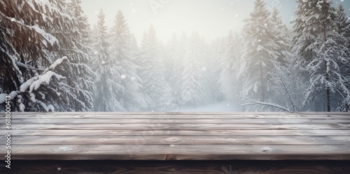 Empty old wooden table on the snowy forest background bokeh Made with generative AI  © Edwin