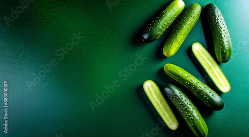 Top view of a green tabletop with juicy green gherkins on the right side of the picture