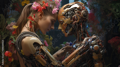 Rusted cyborgs yearn to experience human love, flower bloom