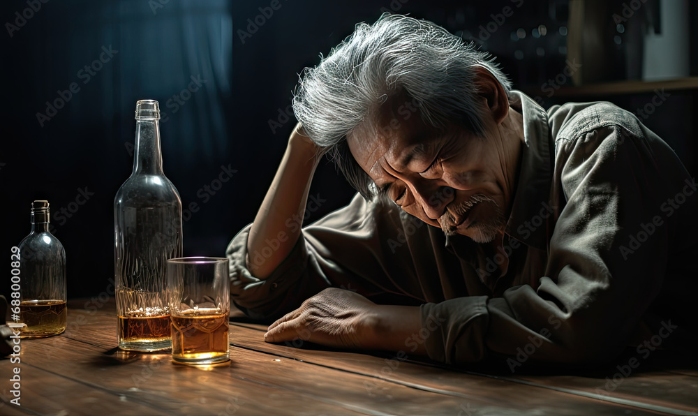 Asian senior in solitude, savoring whiskey, dimly lit ambiance. Asian senior in solitude, savoring whiskey, dimly lit ambiance.