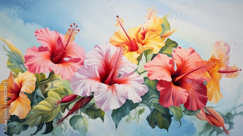 a cluster of hibiscus blooms  with their large and exotic petals  adorns a white canvas