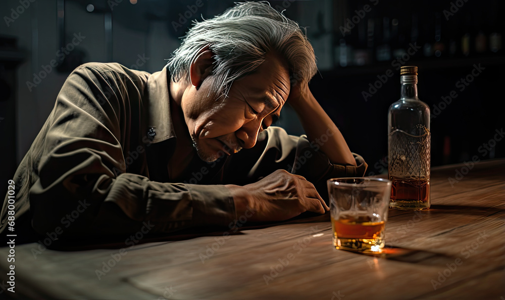 Asian senior in solitude, savoring whiskey, dimly lit ambiance. Asian senior in solitude, savoring whiskey, dimly lit ambiance.