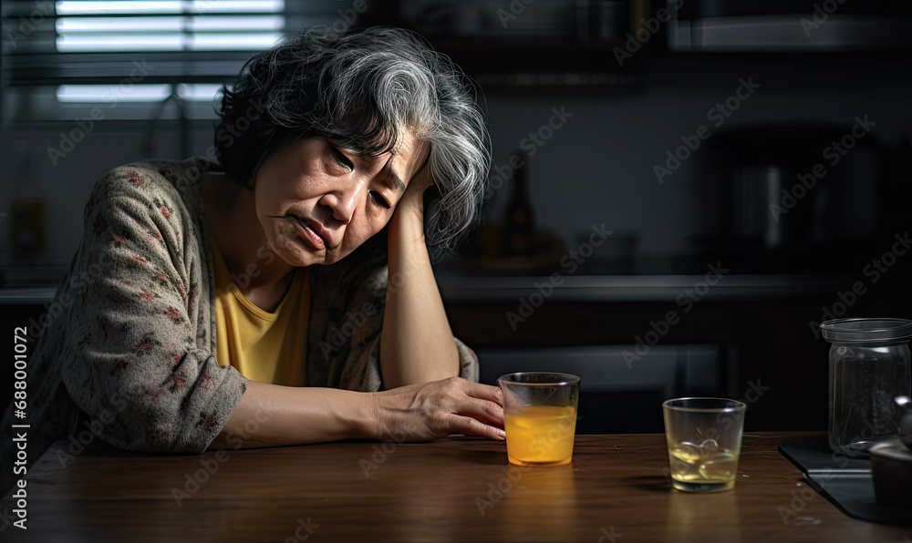 Elderly lady at home, glass of whiskey, dim lighting. Elderly lady at home, glass of whiskey, dim lighting.