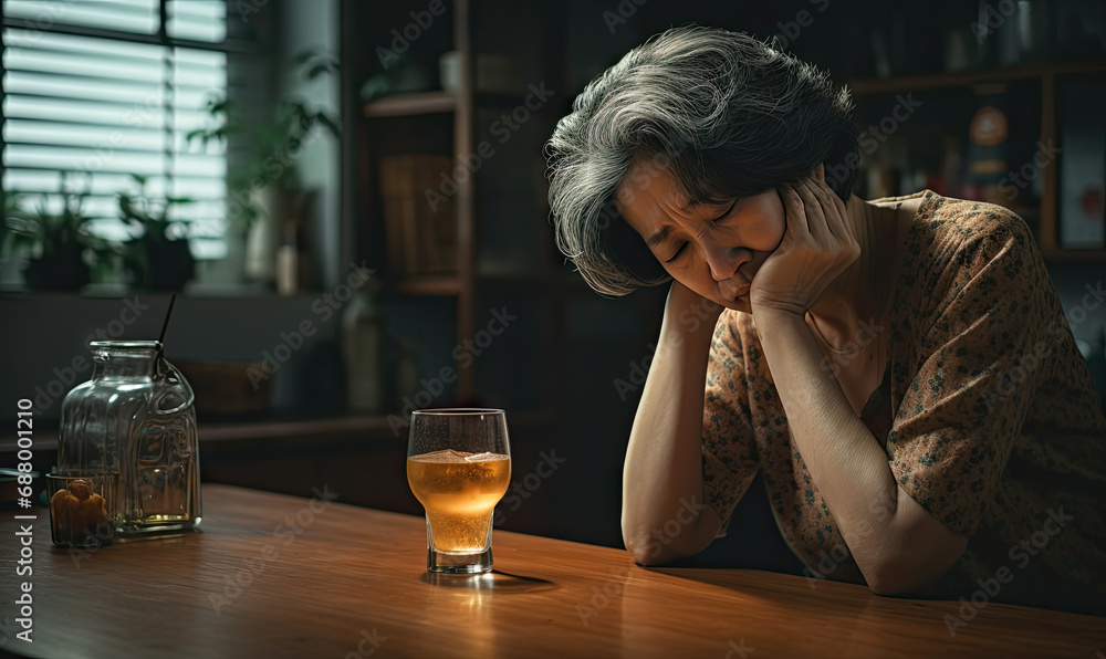 Elderly lady at home, glass of whiskey, dim lighting. Elderly lady at home, glass of whiskey, dim lighting.