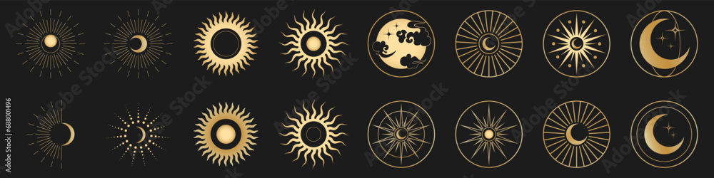 Circle pattern set with clouds, moon, sun, stars. The sun, moon phases, crystals, magic symbols. Vector collection in oriental chinese, japanese, korean style. Line hand drawn illustration EPS 10 - obrazy, fototapety, plakaty 