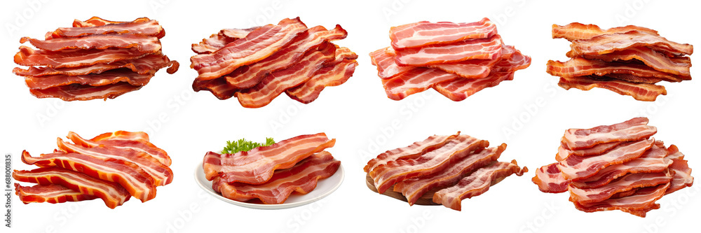 Collection of PNG. Cooked bacon rashers isolated on a transparent background. - obrazy, fototapety, plakaty 