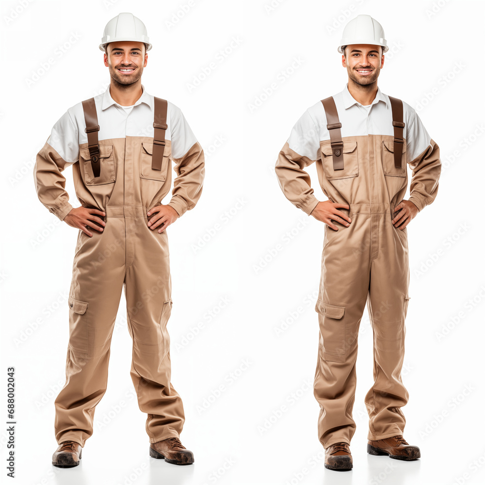 Full length of a young worker standing on a white background Full length of a young worker standing on a white background