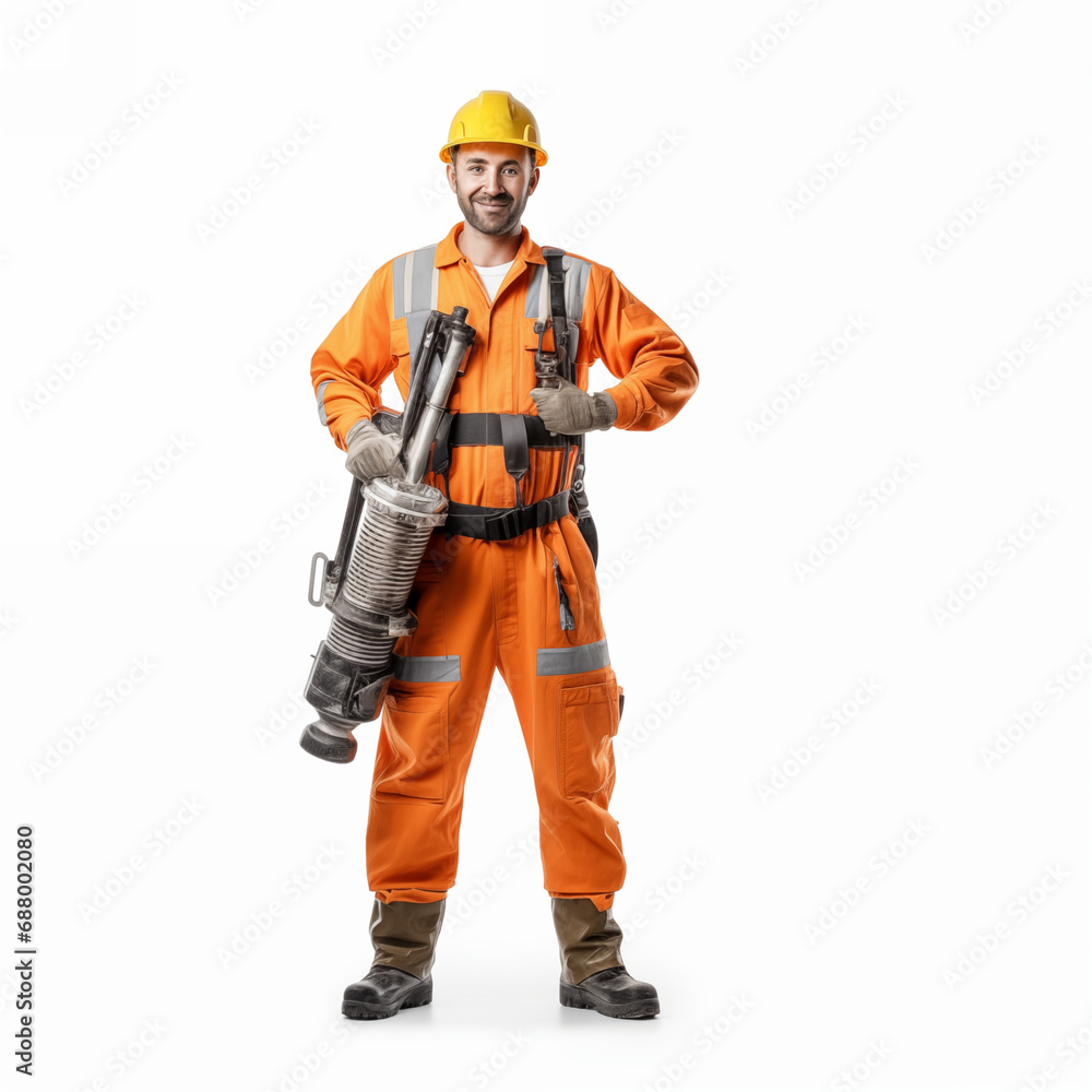 Full length of a young worker standing on a white background Full length of a young worker standing on a white background