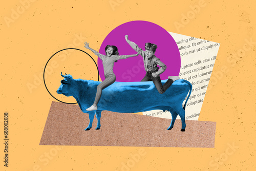Bilde på lerret Photo cartoon comics collage picture of two funky kids riding roder bullfight ex