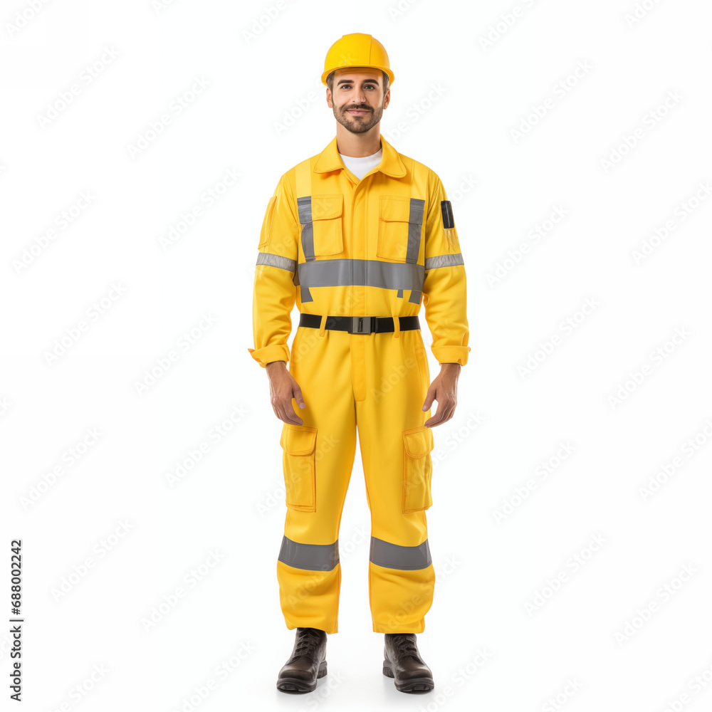 Full length portrait of a construction worker with helmet, wearing a uniform isolated on white background Full length portrait of a construction worker with helmet, wearing a uniform isolated on white background