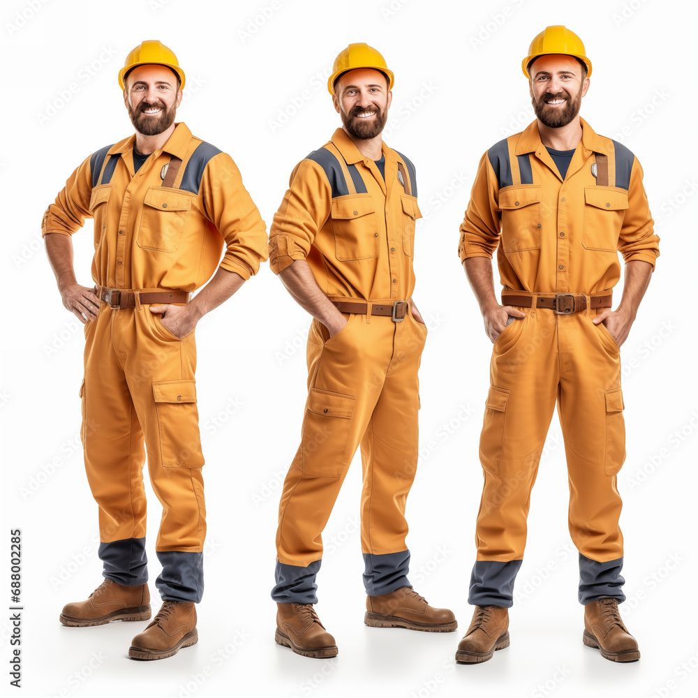 Full length portrait of a construction worker with helmet, wearing a uniform isolated on white background Full length portrait of a construction worker with helmet, wearing a uniform isolated on white background