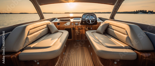 Luxury boat interior at sunset, ambient lighting. © Lidok_L