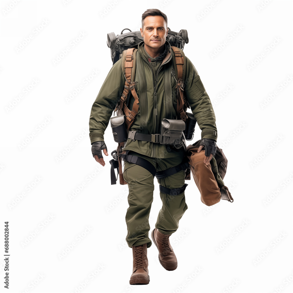 Fototapeta premium Full body of stylish military male aviator in uniform standing on white background isolated