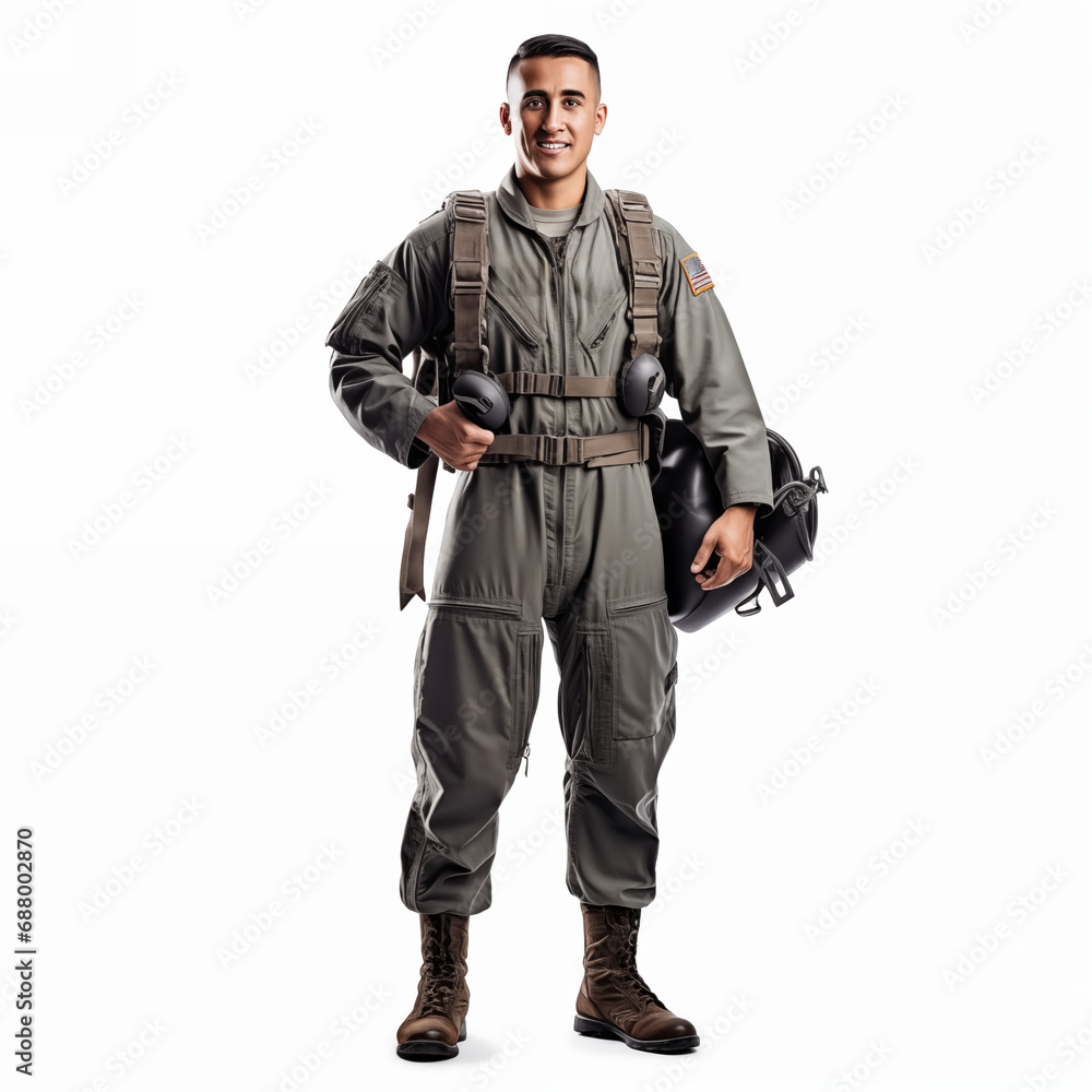 Full body of stylish military male aviator in uniform standing on white background isolated Full body of stylish military male aviator in uniform standing on white background isolated