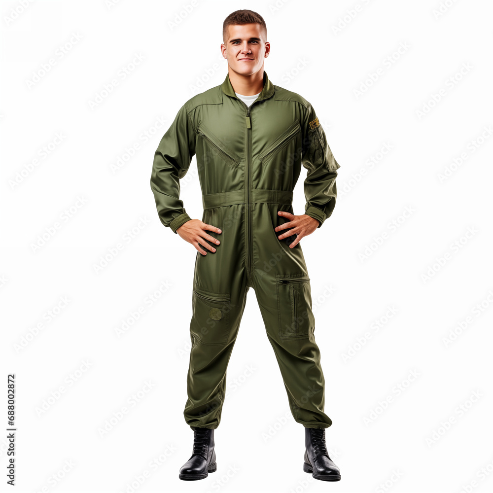 Full body of stylish military male aviator in uniform standing on white background isolated Full body of stylish military male aviator in uniform standing on white background isolated