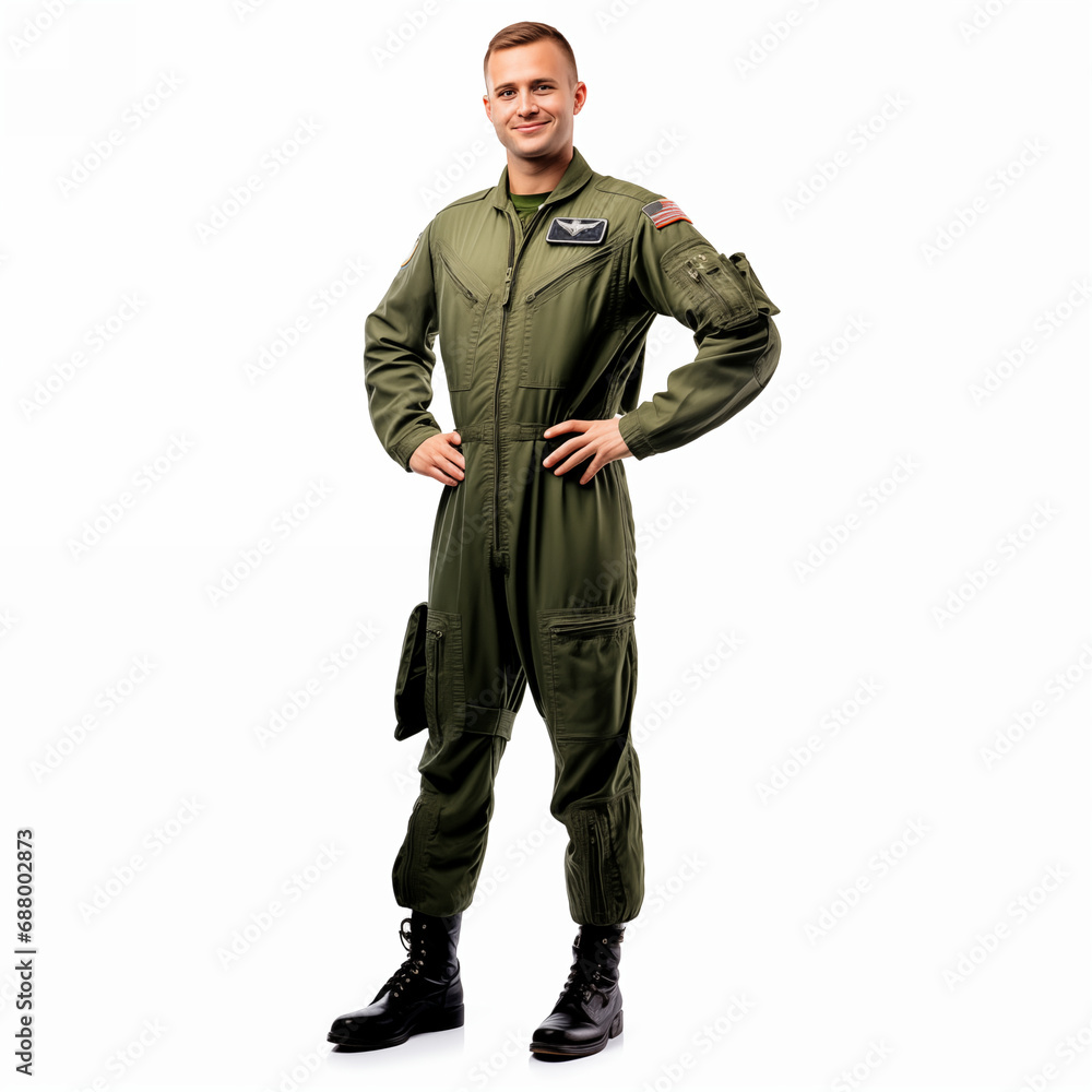 Full body of stylish military male aviator in uniform standing on white background isolated
