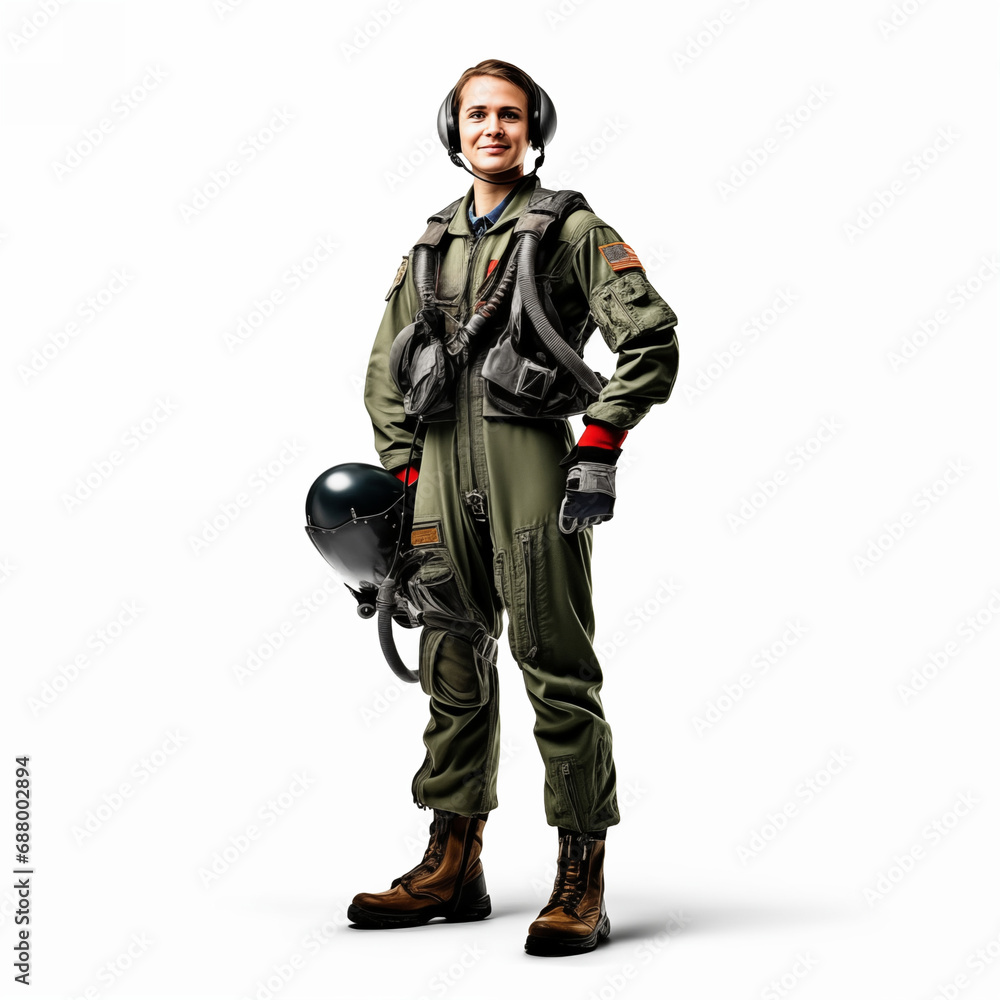Full body of stylish military female aviator in uniform standing on white background isolated Full body of stylish military female aviator in uniform standing on white background isolated