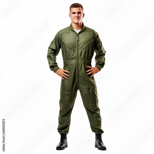 Full body of stylish military male aviator in uniform standing on white background isolated © bravissimos