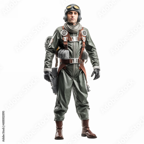 Full body of stylish military male aviator in uniform standing on white background isolated