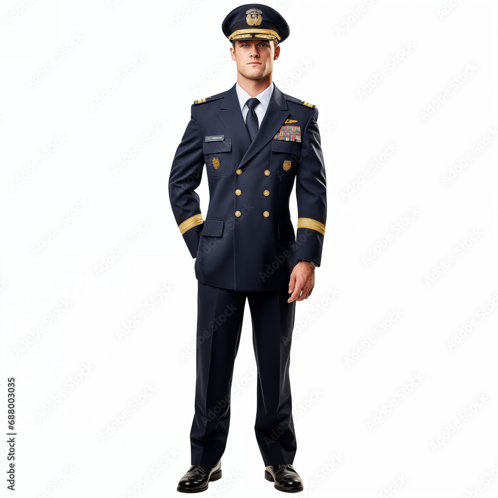 Full body of stylish male aviator in uniform standing on white background isolated Full body of stylish male aviator in uniform standing on white background isolated