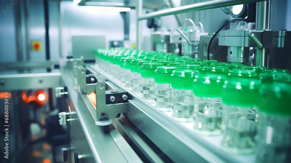 Green medical vials on a production line at pharmaceutical factory