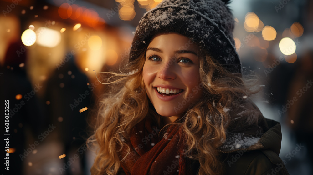 Smiling young woman in winter clothes standing outside under the falling snow on the Christmas street with festive lights on background Smiling young woman in winter clothes standing outside under the falling snow on the Christmas street with festive lights on background