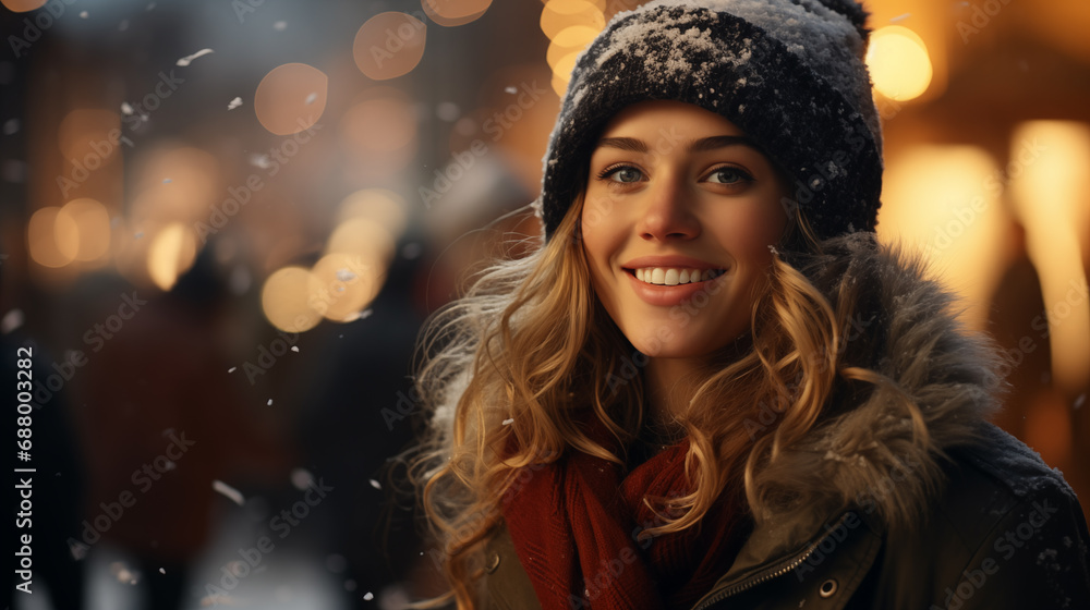 Smiling young woman standing outside in falling snow on the Christmas street with festive lights on background