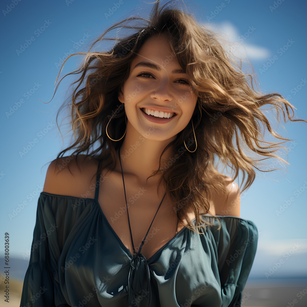 Une femme de 35 ans, les cheveux au vent devant un ciel bleu, portant un bouclier et marchant d'un pas assuré. On voit tout son corps, son style vestimentaire est décontracté et Une femme de 35 ans, les cheveux au vent devant un ciel bleu, portant un bouclier et marchant d'un pas assuré. On voit tout son corps, son style vestimentaire est décontracté et