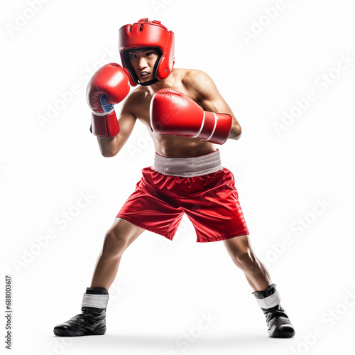 Full length portrait of young boxer making punch isolated on white