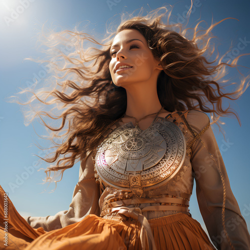 Une femme de 35 ans, les cheveux au vent devant un ciel bleu, portant un bouclier et marchant d'un pas assuré. On voit tout son corps, son style vestimentaire est décontracté et