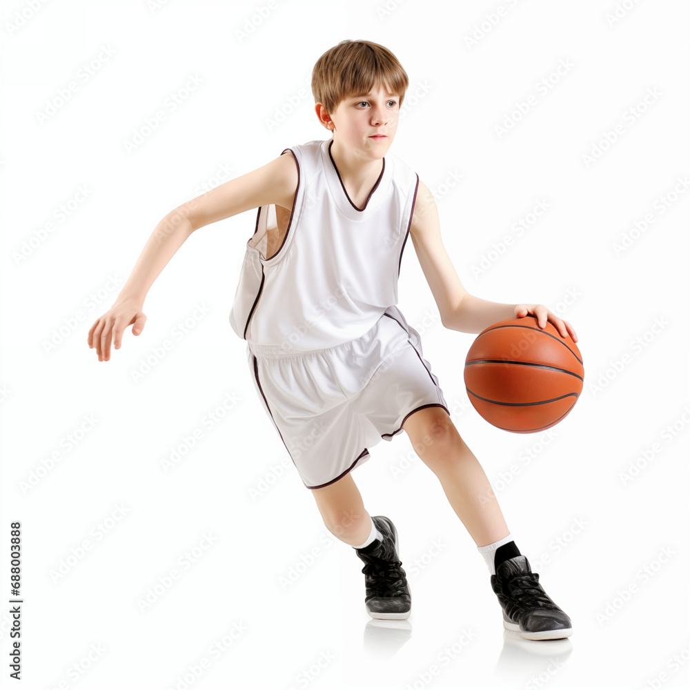 Full length portrait of a female basketball player leading a ball isolated on white background