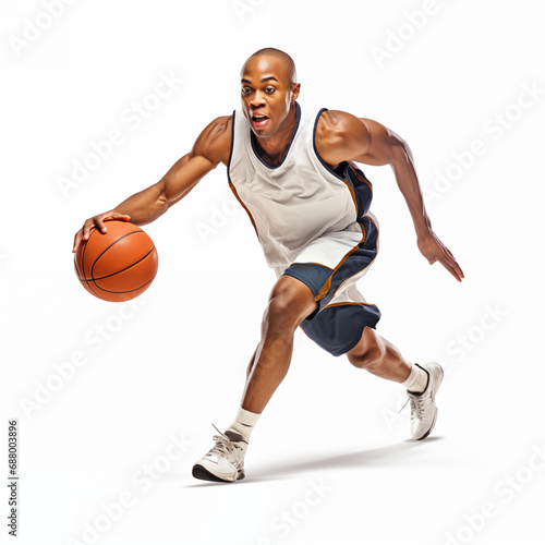 Full length portrait of a female basketball player leading a ball isolated on white background