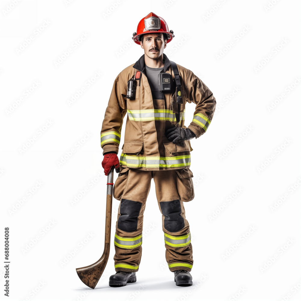 Firefighter isolated on white background. The full body of a smiling caucasian man in a fireproof uniform. Firefighter isolated on white background. The full body of a smiling caucasian man in a fireproof uniform.
