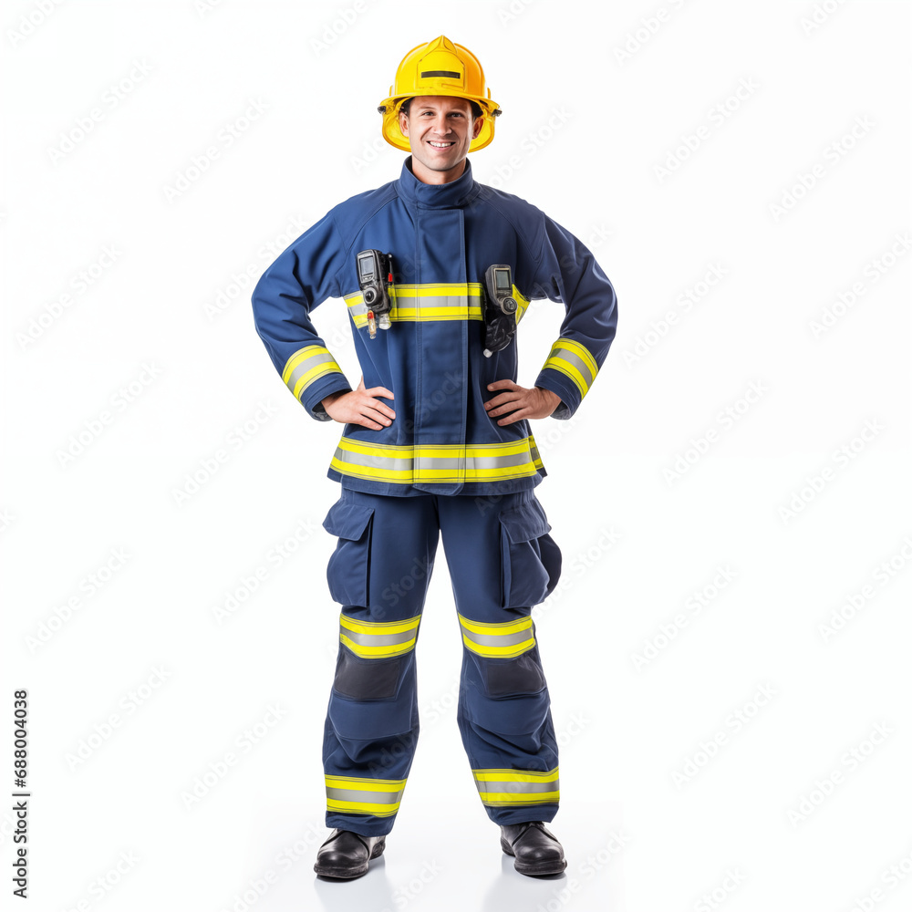 Firefighter isolated on white background. The full body of a smiling caucasian man in a fireproof uniform. Firefighter isolated on white background. The full body of a smiling caucasian man in a fireproof uniform.