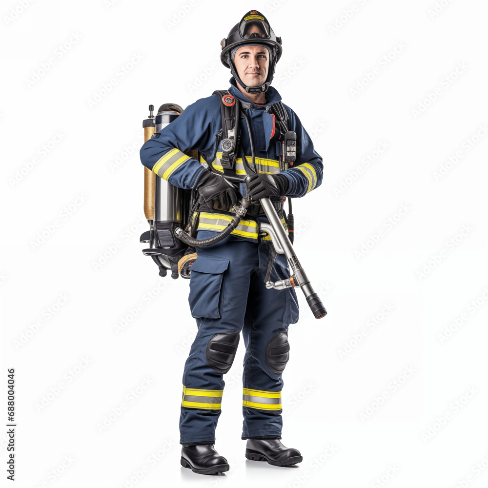 Firefighter isolated on white background. The full body of a smiling caucasian man in a fireproof uniform. Firefighter isolated on white background. The full body of a smiling caucasian man in a fireproof uniform.