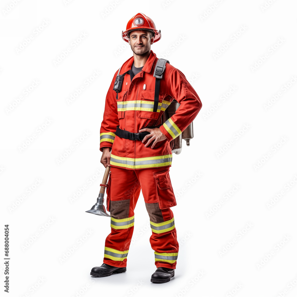 Firefighter isolated on white background. The full body of a smiling caucasian man in a fireproof uniform. Firefighter isolated on white background. The full body of a smiling caucasian man in a fireproof uniform.