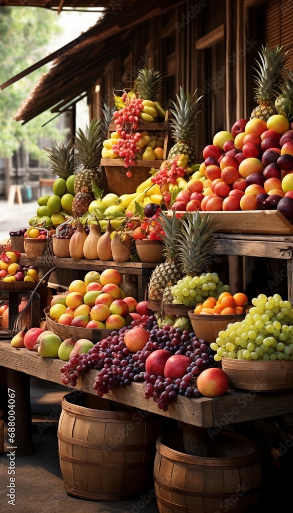 Capture the essence of a rustic fruit market with an array of colorful, farm-fresh fruits on display.