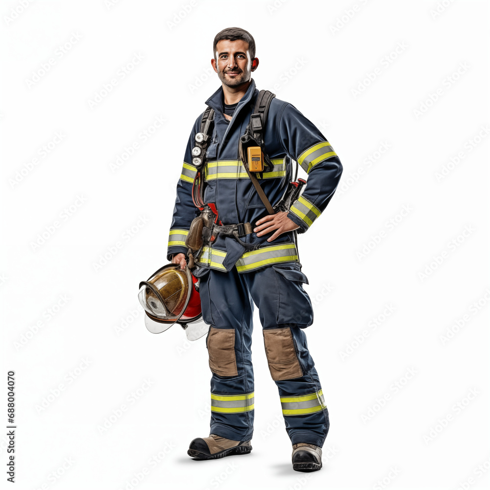 Firefighter isolated on white background. The full body of a smiling caucasian man in a fireproof uniform. Firefighter isolated on white background. The full body of a smiling caucasian man in a fireproof uniform.